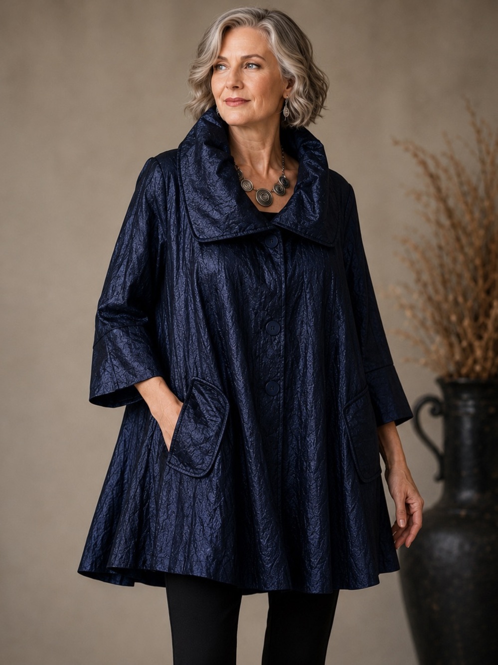 Joseph Ribkoff Navy Textured Swing Coat Statement Collar